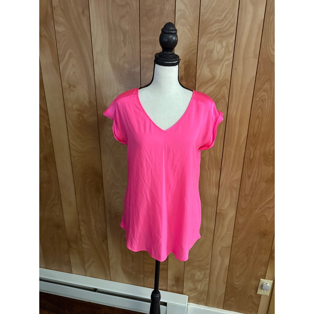 Express Neon Pink V-Neck Blouse Short Cuffed Sleeve Top Small
